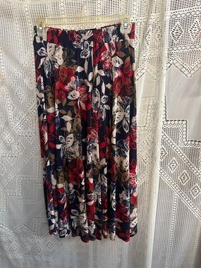 Navy Floral Midi Skirt with Red and Cream Accents - Elastic Waist